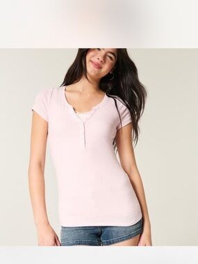 Hollister Light Pink Short Sleeve Ribbed Henley Tee Never Worn